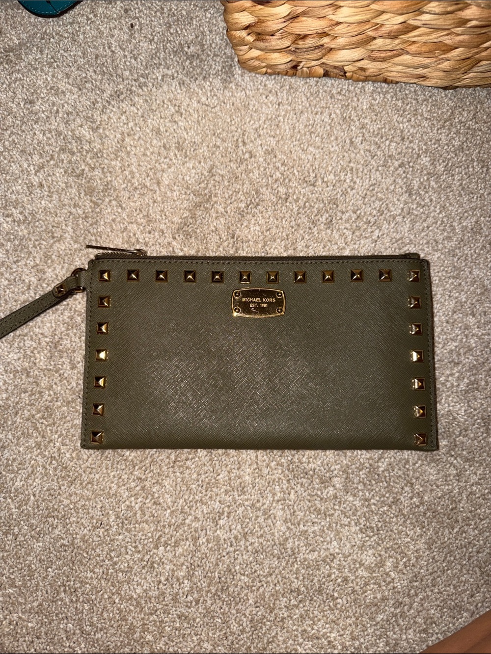 Michael Kors Olive Green Studded Leather Wristlet Clutch